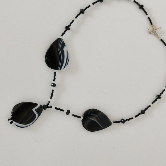 Black Beaded Statement Necklace With Agate Teardrop Pendants Handmade 19 Inches - Picture 1 of 12